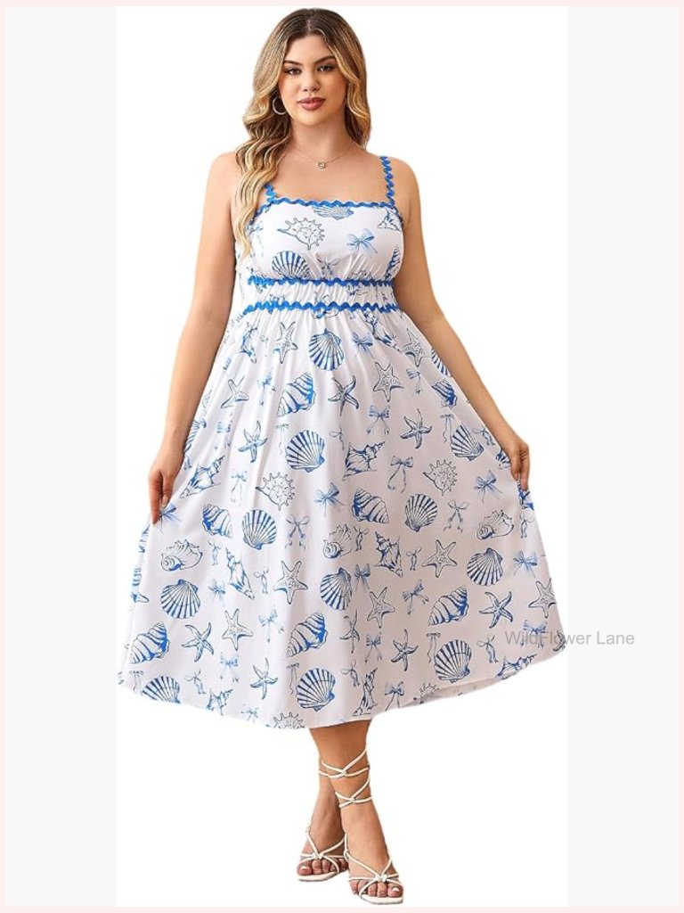 Plus Size Smocked Spaghetti Strap Midi Dress Beach A Line